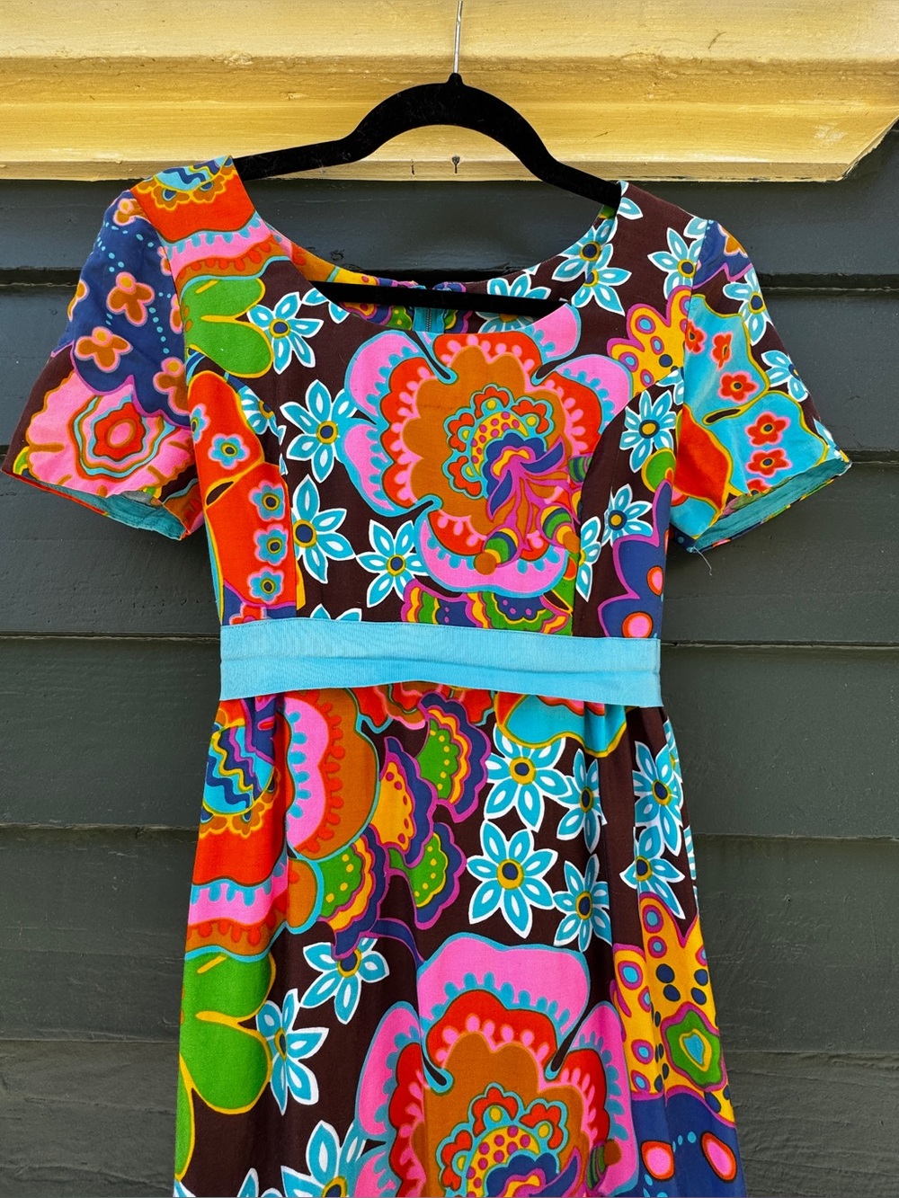 Late 1960s Early 1970s Psychedelic Floral Cotton Maxi Dress Sz XS - Picture 2 of 10